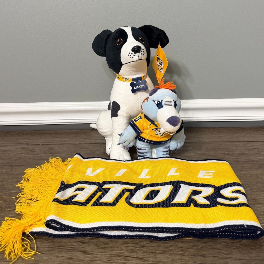 NHL Nashville Predators Gnash Mascot Smash Dog‎ Plush & Scarf Bundle Smashville